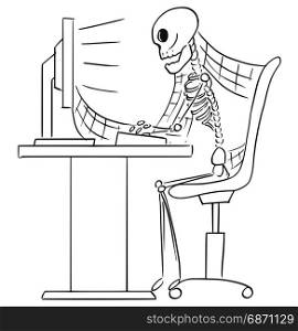 Cartoon vector illustration of forgotten human skeleton of dead businessman or clerk sitting in front of computer in office with spider webs all around.