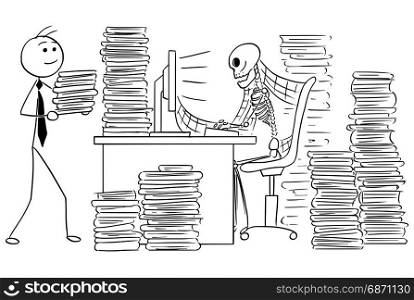 Cartoon vector illustration of forgotten human skeleton of dead businessman or clerk sitting in front of computer in office with files and spider webs all around.