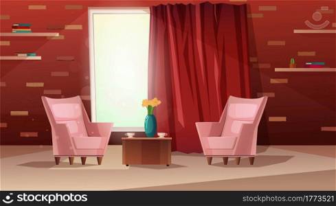 Cartoon vector illustration of luxury living room. Interior with curtains and furniture, brick wall, shelfs for books, flowers in a vase.