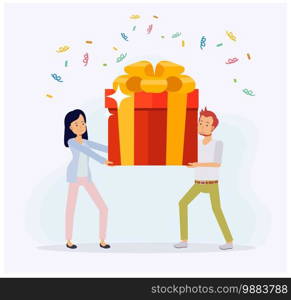 cartoon vector illustration of Man and woman are carrying a large gift box. 