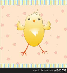 Cartoon vector illustration of retro funky background with cute little yellow baby chick