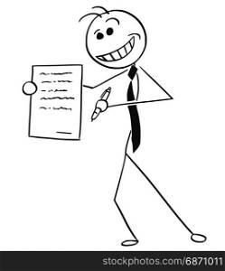 Cartoon vector illustration of sleazy smiling stick man businessman or salesman offering contract or agreement paper to signing.