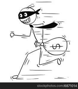 Cartoon vector illustration of smiling masked stick man businessman or clerk running away with bag of money.