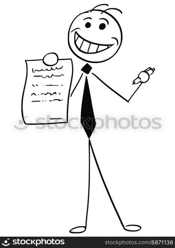 Cartoon vector illustration of smiling stick man businessman or salesman offering contract or agreement paper to signing.