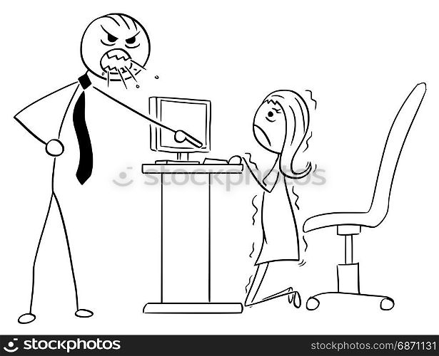 Cartoon vector illustration of stick man angry boss manager at office screaming or roaring at businesswoman or female clerk employee. She is hidden behind desk.