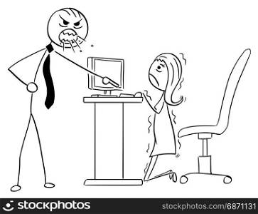 Cartoon vector illustration of stick man angry boss manager at office screaming or roaring at businesswoman or female clerk employee. She is hidden behind desk.