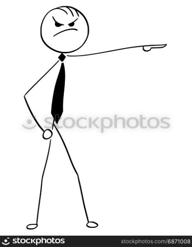 Cartoon vector illustration of stick man boss manager pointing with his hand as giving notice, dismissal or fire gesture.