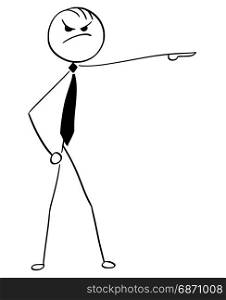 Cartoon vector illustration of stick man boss manager pointing with his hand as giving notice, dismissal or fire gesture.