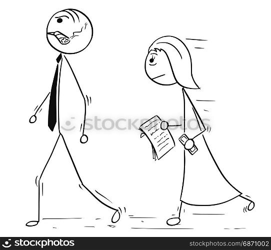 Cartoon vector illustration of stick man boss manager with big cigar walking angry and female assistant following him with phone and papers.