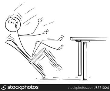 Cartoon vector illustration of stick man rocking and falling with chair from table.