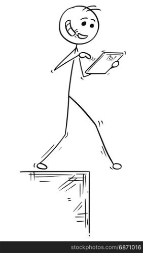 Cartoon vector illustration of stick man walking with handsfree hands-free and tablet and falling down