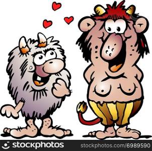 Cartoon Vector illustration of two funny goblins or troll monsters fall in Love