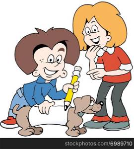 Cartoon Vector illustration of two happy children with a family dog
