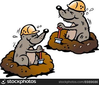 Cartoon Vector illustration of two Mole digging Holes in the Ground