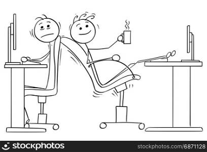 Cartoon vector illustration of two stick man office workers, one of them lowered the chair so the other one has no space.