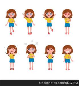 Cartoon vector illustration set of cute little girl face emotions and expressions. Kid character expressing sadness, anger, happiness, surprise, shock, love. Different feelings and mood concept