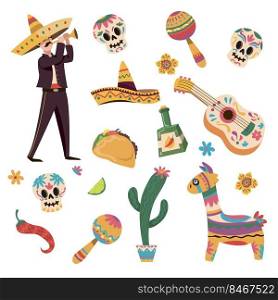 Cartoon vector illustration set of traditional Mexican symbols for various designs. Taco, sombrero, cactus, guitar, maracas, lama, pepper, skeleton sticker. Mexico, Day of Dead, latino culture concept
