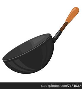 Cartoon vector image of a black frying pan with a wooden handle on a white background. Kitchen utensils. Accessory for the kitchen. Stock vector illustration