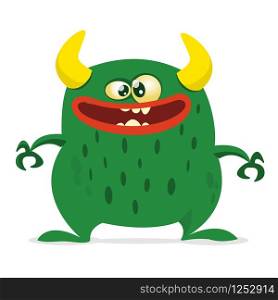 Cartoon vector monster. Monster alien illustration with surprised expression. Shocking green alien design for Halloween
