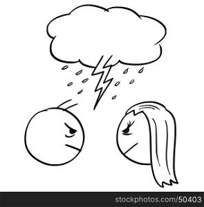 Cartoon vector of man and woman in quarrel fight with cloud and lightning bold above their heads