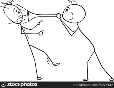 Cartoon vector of man playing horn vuvuzela sound against another man.