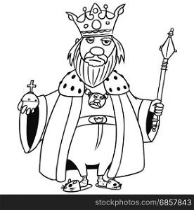 Cartoon vector old fantasy medieval king monarch sovereign with crown apple and scepter