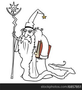 Cartoon vector old fantasy medieval wizard sorcerer or royal adviser with book, staff and full-beard