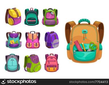 Cartoon vector schoolbags icons, kids school bags of bright colors, knapsacks and rucksacks design . Student baby backpacks with slings, clasp and stationery in zip pocket isolated on white background. Cartoon vector schoolbags icons, kids school bags
