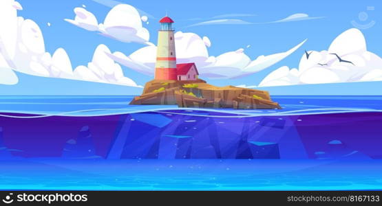 Cartoon vector sea landscape background with lighthouse on island. Illustration with house on rocky coast in ocean, underwater view. Beacon and building on harbor. Beautiful panoramic seascape.. Lighthouse on rocky island. Sea vector landscape