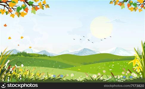 Cartoon vector Spring landscape with mountain, blue sky and cloud, Panorama green fields on sunny day summer,Peaceful nature in springtime with grass land and wild flowers in countryside Uk