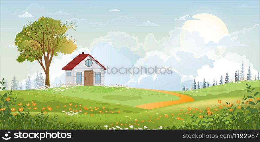 Cartoon vector Spring landscape with mountain, blue sky and cloud,Panorama Green fields, farmhouse on sunny day summer,Peaceful nature in springtime with grass land and wild flowers in countryside Uk