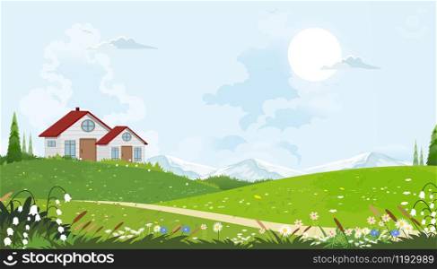 Cartoon vector Spring landscape with mountain, blue sky and cloud,Panorama Green fields, farmhouse on sunny day summer,Peaceful nature in springtime with grass land and wild flowers in countryside Uk