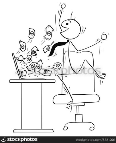 Cartoon vector stick man illustration of happy male businessman jumping because of successful online business, money coming from the computer screen.