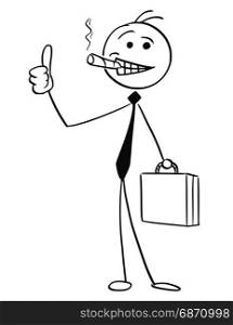 Cartoon vector stick man illustration of successful businessman or seller with big cigar and briefcase smiling and showing thumbs up gesture.