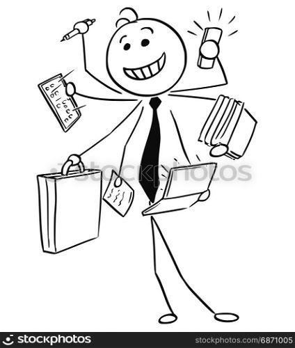 Cartoon vector stick man illustration of successful happy smiling businessman or seller working on many tasks in same time, conceptual idea of man with seven arms.
