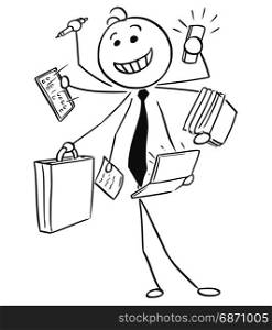 Cartoon vector stick man illustration of successful happy smiling businessman or seller working on many tasks in same time, conceptual idea of man with seven arms.