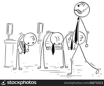 Cartoon vector stick man illustration on angry manager or boss walking with big cigar and subordinate clerks bow down