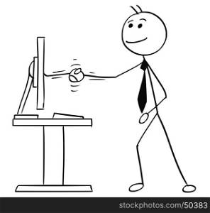Cartoon vector stick man stickman drawing of business man shaking his hand with computer display screen as concept of making a deal contract agreement treaty remotely over Internet.