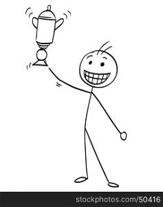 Cartoon vector stick man stickman drawing of happy man with big smile holding a winning cup trophy.