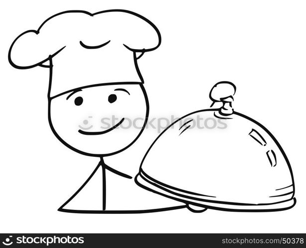 Cartoon vector stick man stickman drawing of male cook chef in chefs hat holding covered plate tray with food.