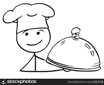 Cartoon vector stick man stickman drawing of male cook chef in chefs hat holding covered plate tray with food.