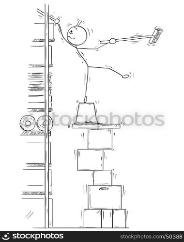 Cartoon vector stick man stickman drawing of man balancing on the top of the high stack of paper boxes with broom broomstick in his hand