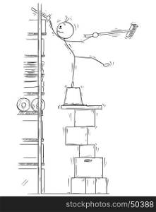 Cartoon vector stick man stickman drawing of man balancing on the top of the high stack of paper boxes with broom broomstick in his hand