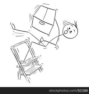 Cartoon vector stick man stickman drawing of man holding large paper box and falling from the top of the stepladder ladder.