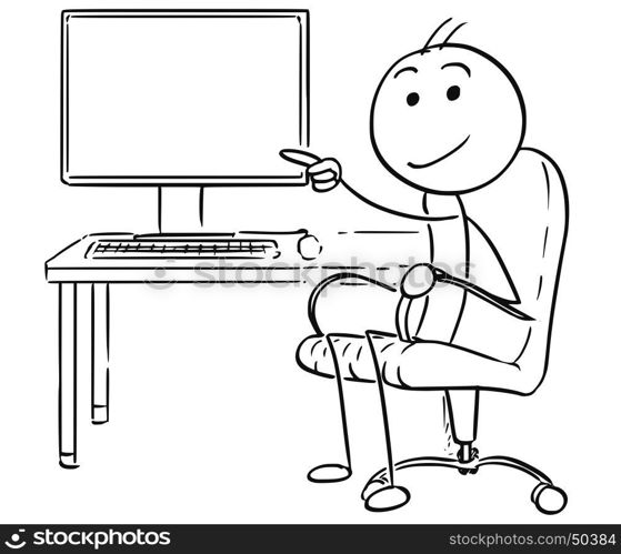 Cartoon vector stick man stickman drawing of man sitting in a office chair pointing at empty desktop computer screen display.