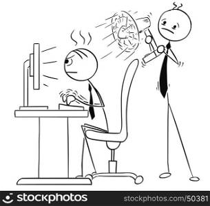 Cartoon vector stick man stickman drawing of man working typing hard on the desktop computer and second man behind him cooling him with fan ventilator