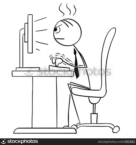 Cartoon vector stick man stickman drawing of Man working typing hard on ...