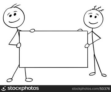 Cartoon vector stick man stickman drawing of two smiling men holding a large empty sign.