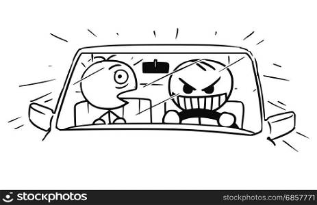 Cartoon vector stickman, crazy driver is dangerous driving the car, front seat passenger is very scared.