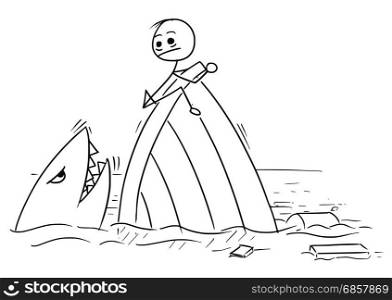 Cartoon vector stickman man holding on the ship wreck trying to stay far from the shark